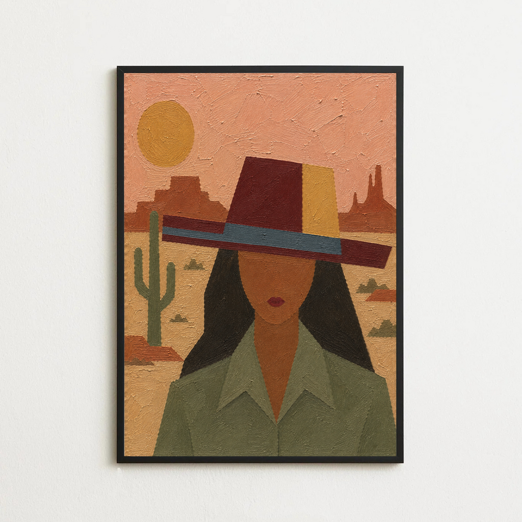 A framed art print featuring a stylized desert portrait of a woman wearing a wide-brimmed hat,