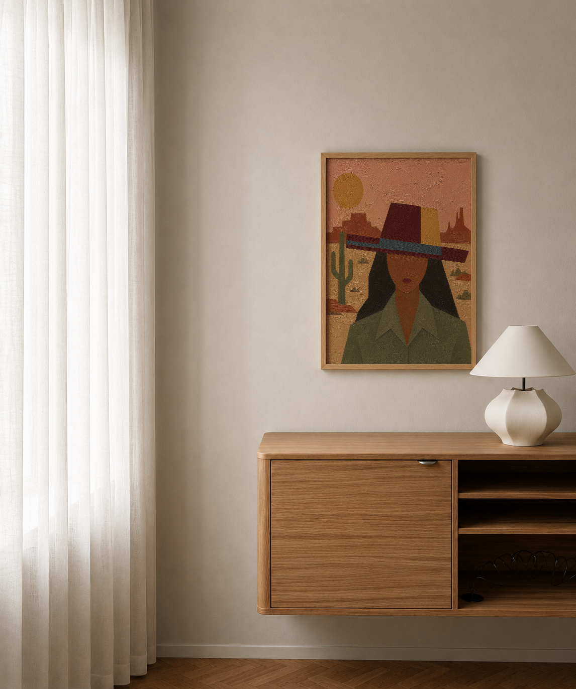 A framed art print featuring a stylized desert portrait of a woman 