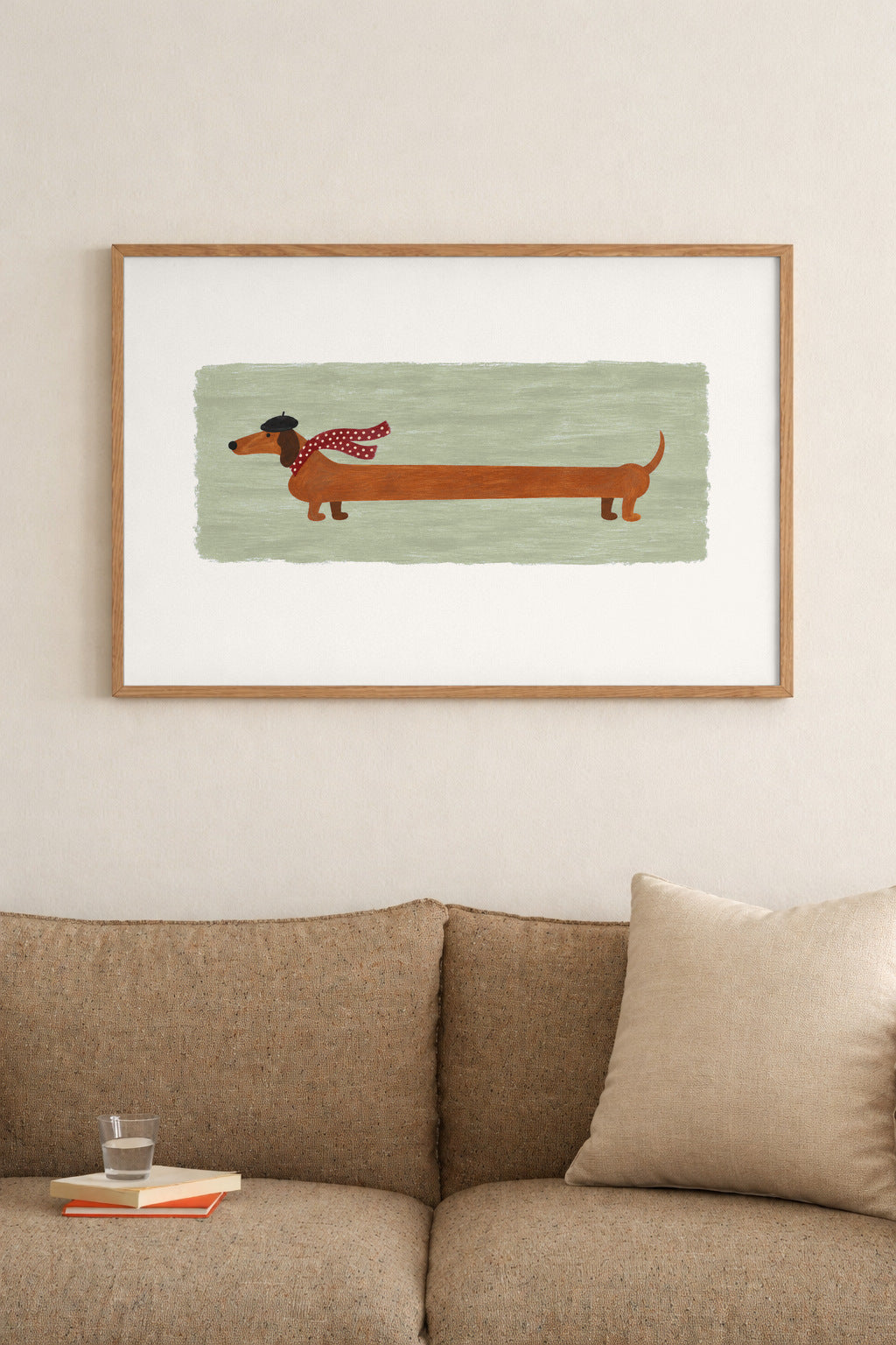 the long walk in sage, framed above a sofa