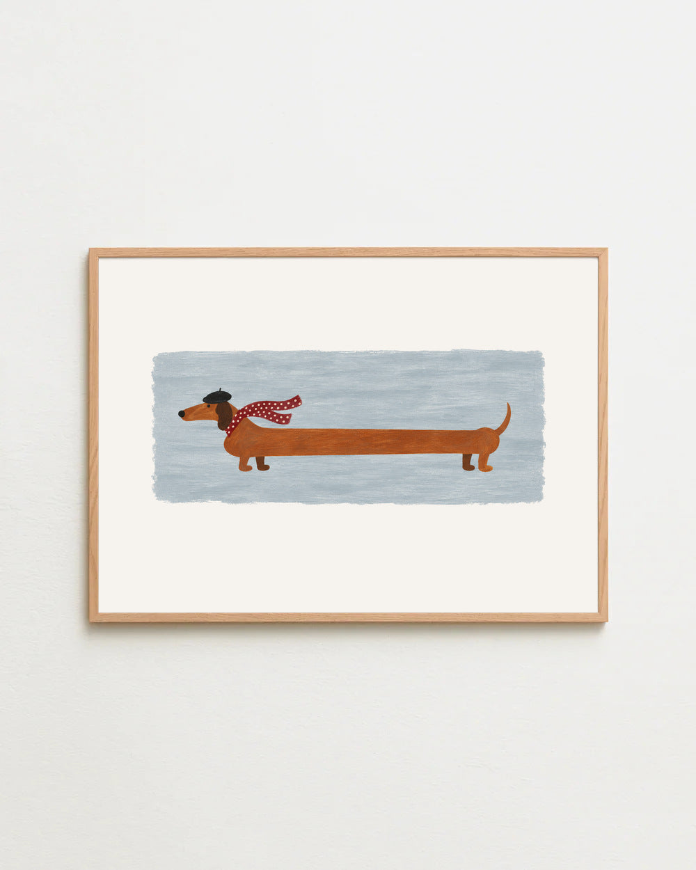 the long walk in mist, a long dachshund in a beret and scarf, in a wooden frame