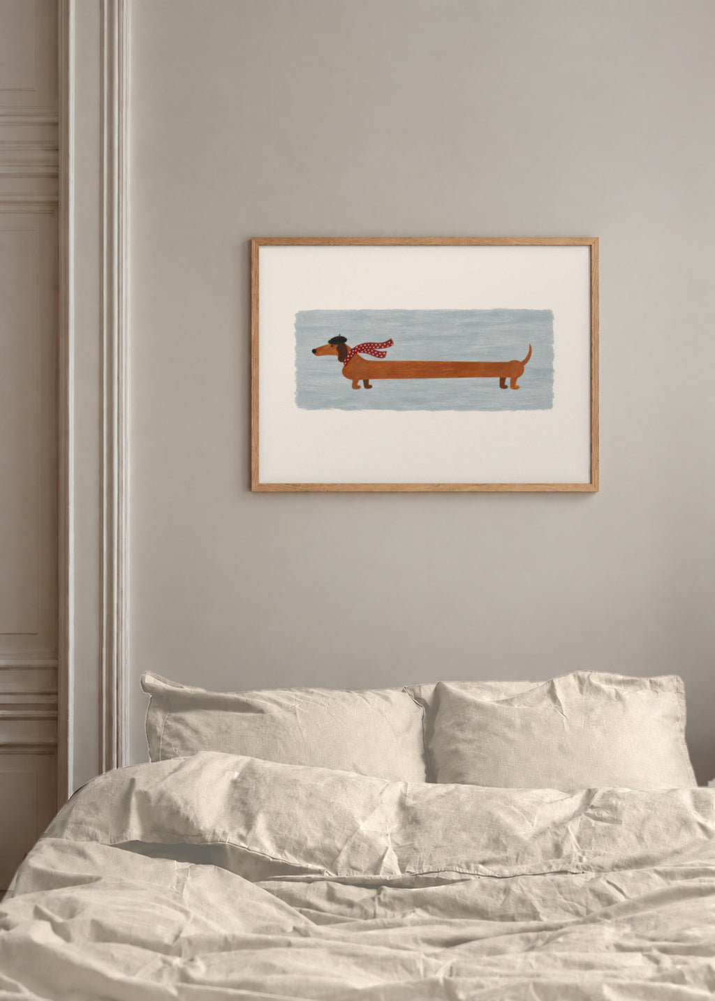 the long walk in mist, framed above a bed with warm linen bedding